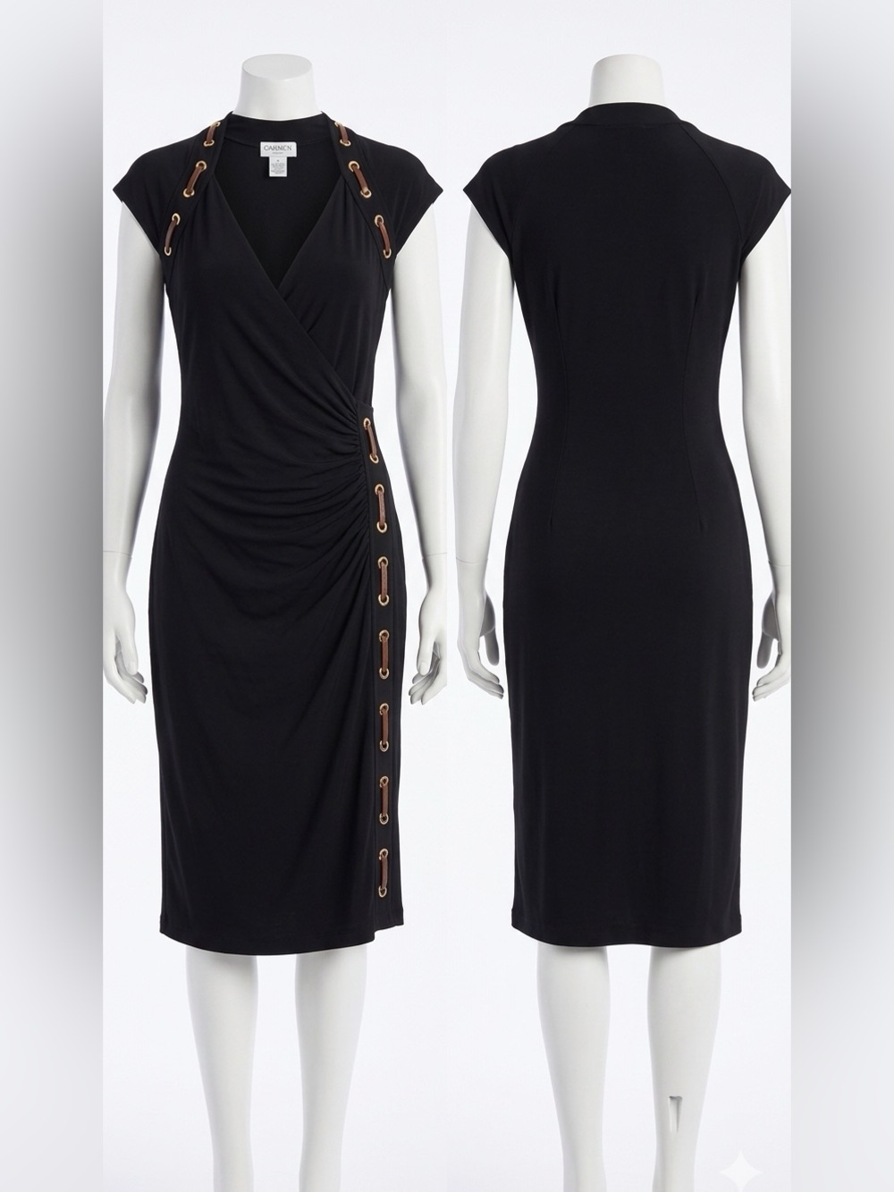 Carmen Marc Valvo Black
Midi Ruched Wrap Style Dress w/ Gold Grommet Hardware M